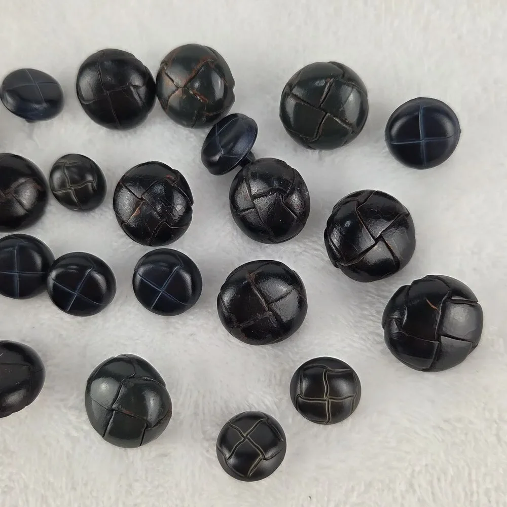 Vintage Plastic Shank Buttons Lot 29 Black Faux Leather Style